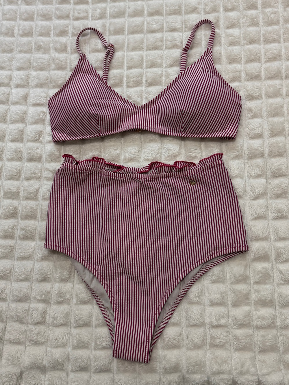Striped High-Waist Bikini Set in Red and White